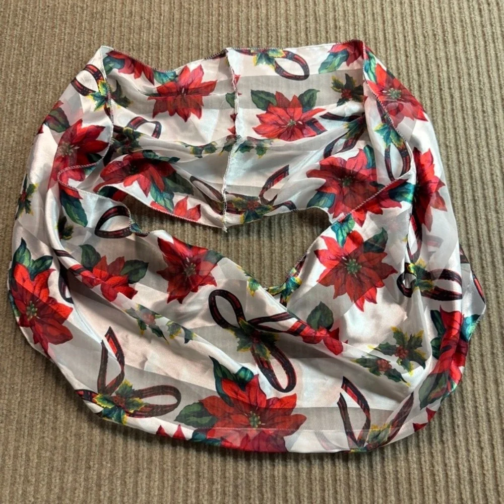 Christmas Poinsettia Infinity Scarf Red White Holly Plaid Ribbon Sheer Stripe